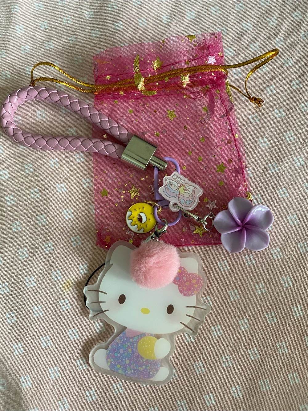 NWOT Hello Kitty Braided Wrist Strap Keychain with Pom & Charms 🩷🖤